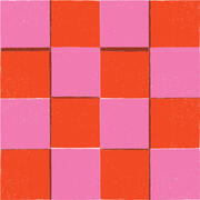 Checkerboard-style logo with alternating bright pink and orange squares in a hand-drawn textured style.